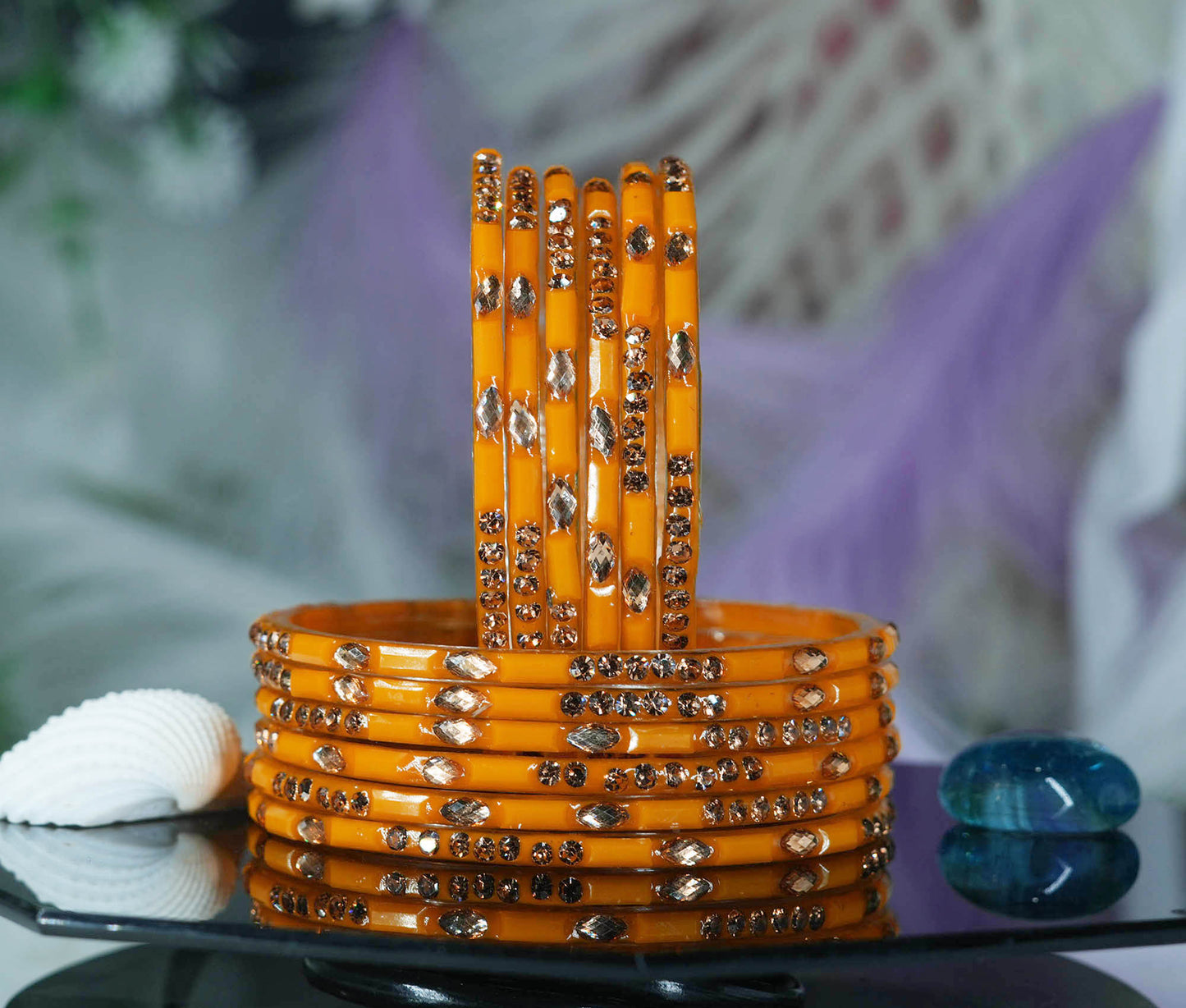 Multiple Color Glass Bangle with Stone Beads Work for Women & Girls (Pack 12 Bangles)