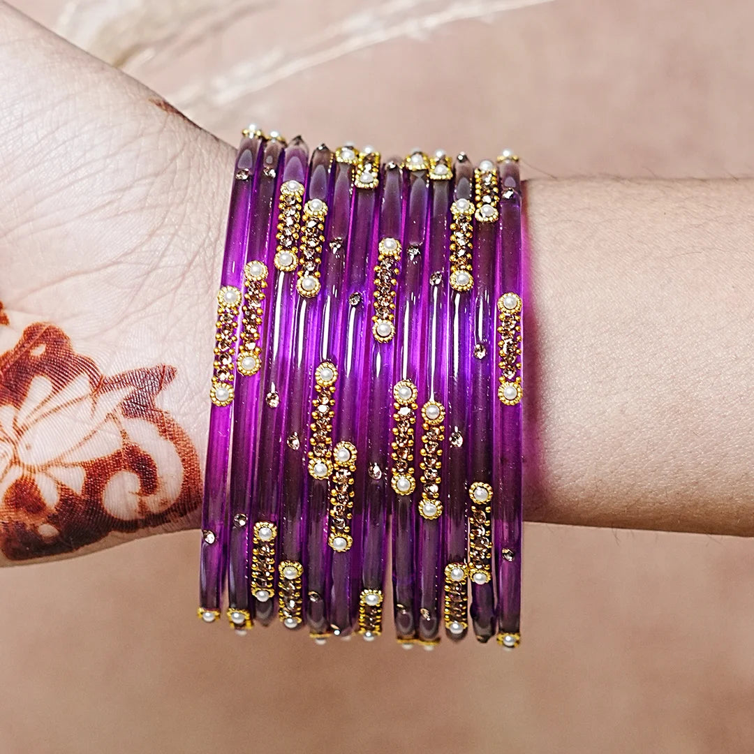 Premium Glass Bangles for Women | Zircon & Beads Work | Glossy Finish (Pack of 12)