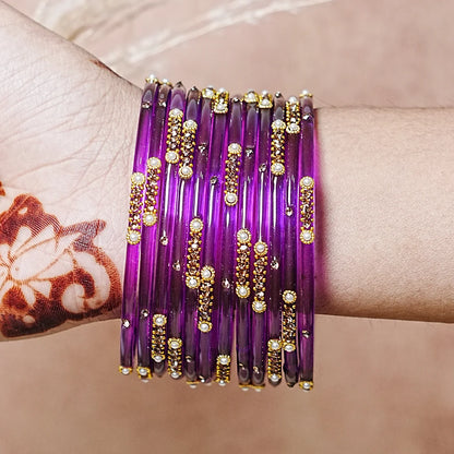 Premium Glass Bangles for Women | Zircon & Beads Work | Glossy Finish (Pack of 12)