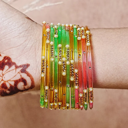 Premium Glass Bangles for Women | Zircon & Beads Work | Glossy Finish (Pack of 12)