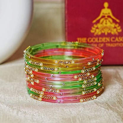 Premium Glass Bangles for Women | Zircon & Beads Work | Glossy Finish (Pack of 12)