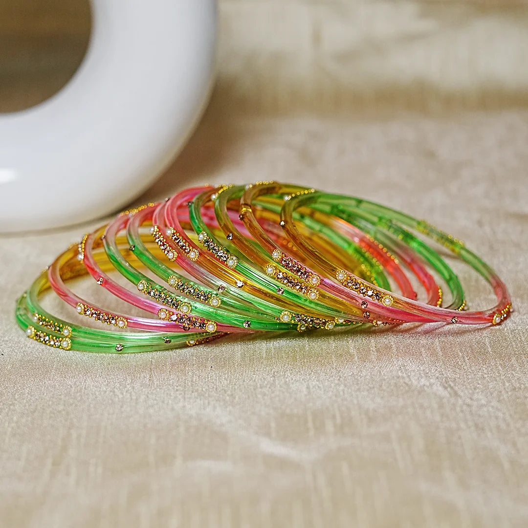 Premium Glass Bangles for Women | Zircon & Beads Work | Glossy Finish (Pack of 12)