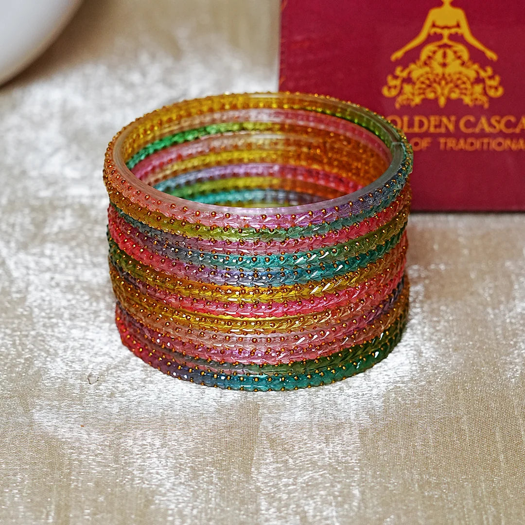 Traditional Gold Ball Studded Work Design Glass Bangles for Women (Pack of 12)