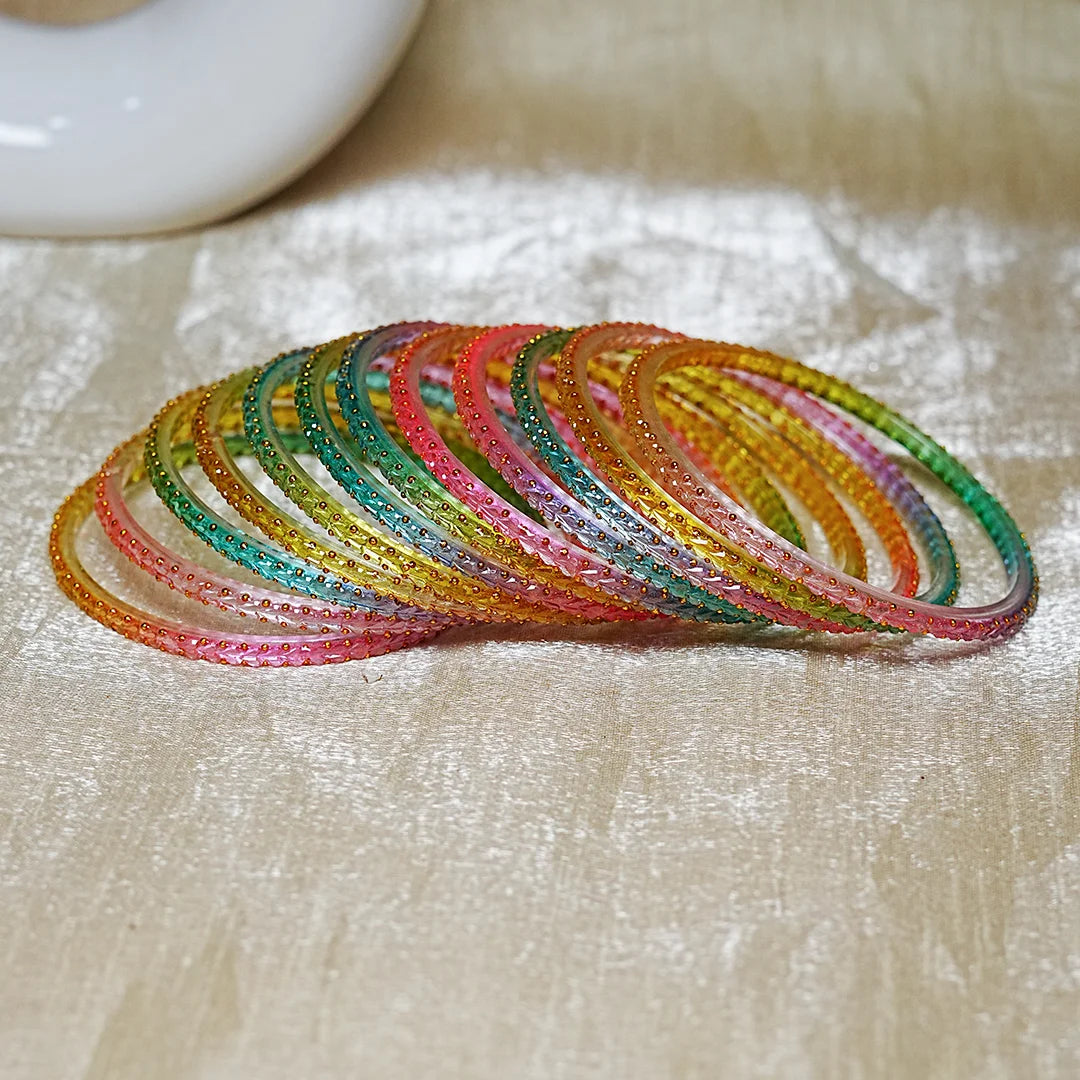 Traditional Gold Ball Studded Work Design Glass Bangles for Women (Pack of 12)