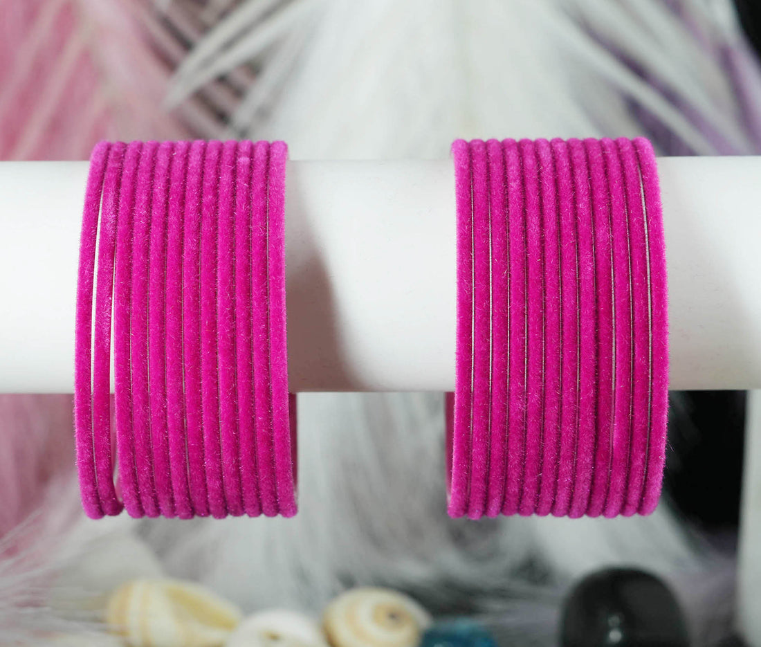 Magenta Color Velvet Metal Bangles for Women & Girls (Pack of 24)