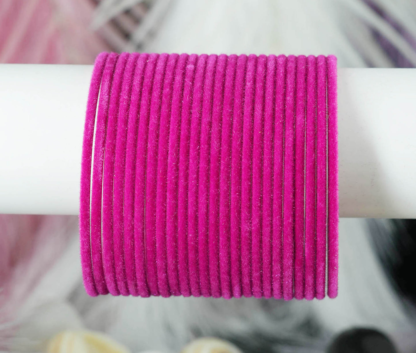 Magenta Color Velvet Metal Bangles for Women & Girls (Pack of 24)