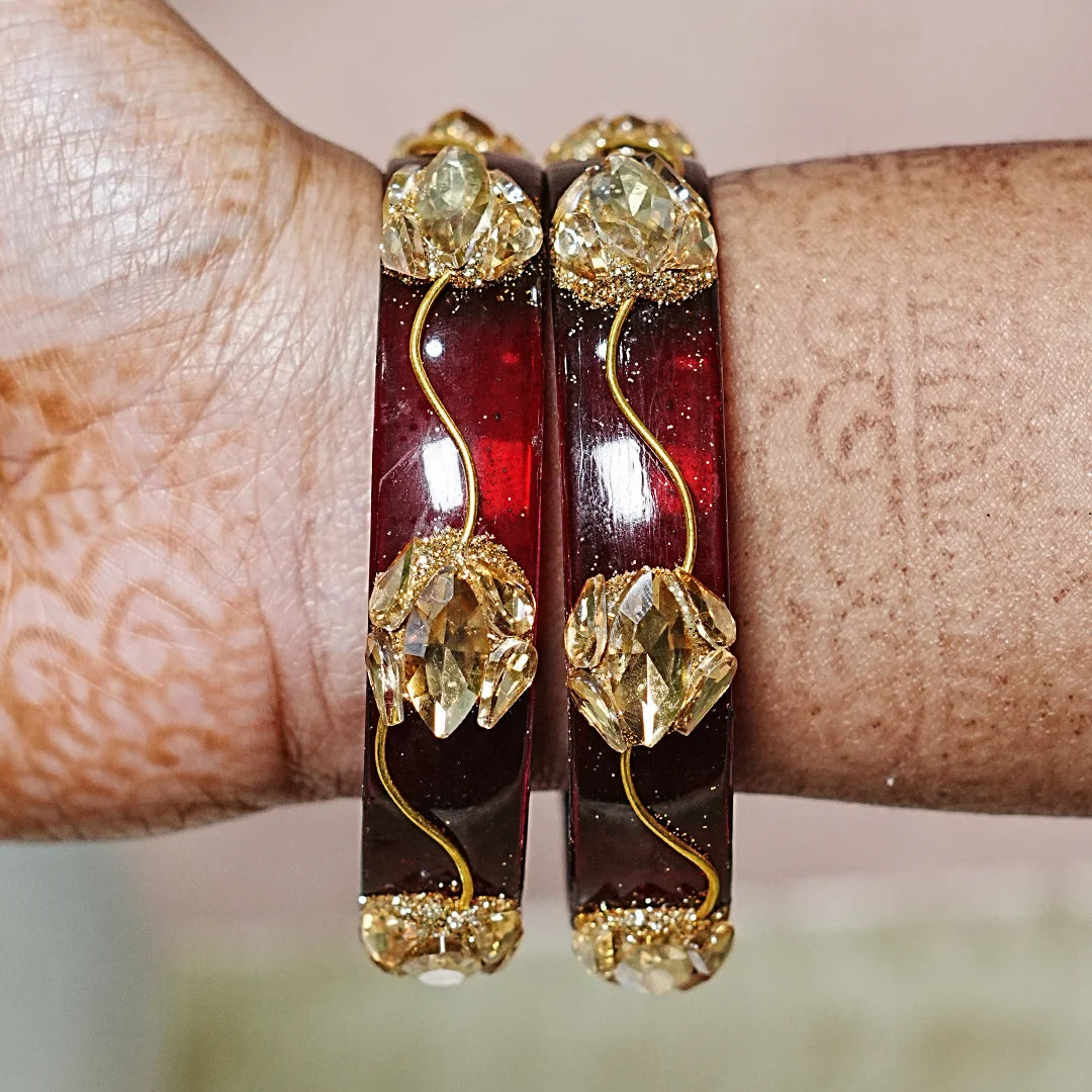 Traditional Flower Design Kundan Work Glass Kada for Women & Girls (Pack of 2)