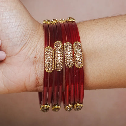 Glossy Finish Designer Glass Kada Bangles with Beads & Stone Work (Pack of 4)