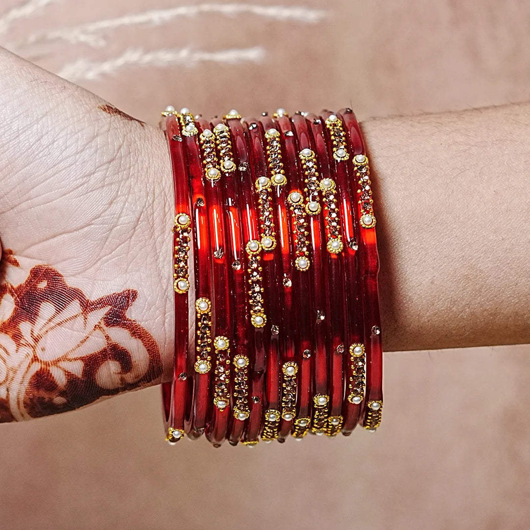 Premium Glass Bangles for Women | Zircon & Beads Work | Glossy Finish (Pack of 12)