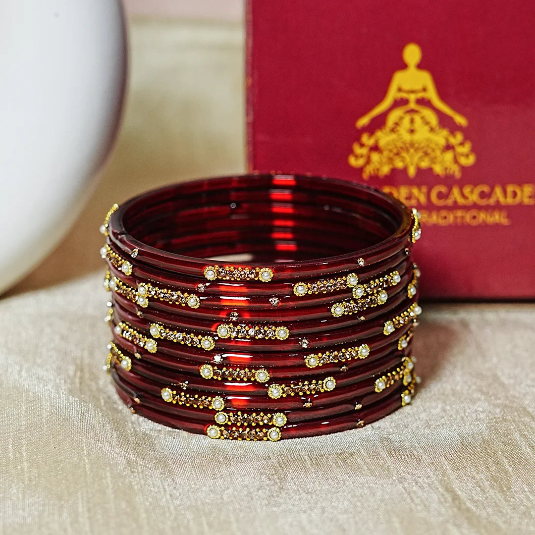Premium Glass Bangles for Women | Zircon & Beads Work | Glossy Finish (Pack of 12)