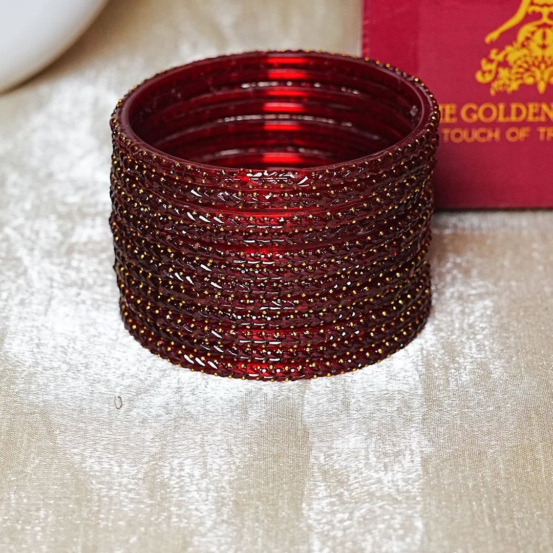 Traditional Gold Ball Studded Work Design Glass Bangles for Women (Pack of 12)