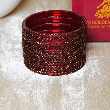 Traditional Gold Ball Studded Work Design Glass Bangles for Women (Pack of 12)