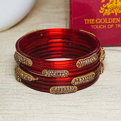 Glossy Finish Designer Glass Kada Bangles with Beads & Stone Work (Pack of 4)