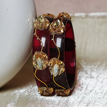 Traditional Flower Design Kundan Work Glass Kada for Women & Girls (Pack of 2)