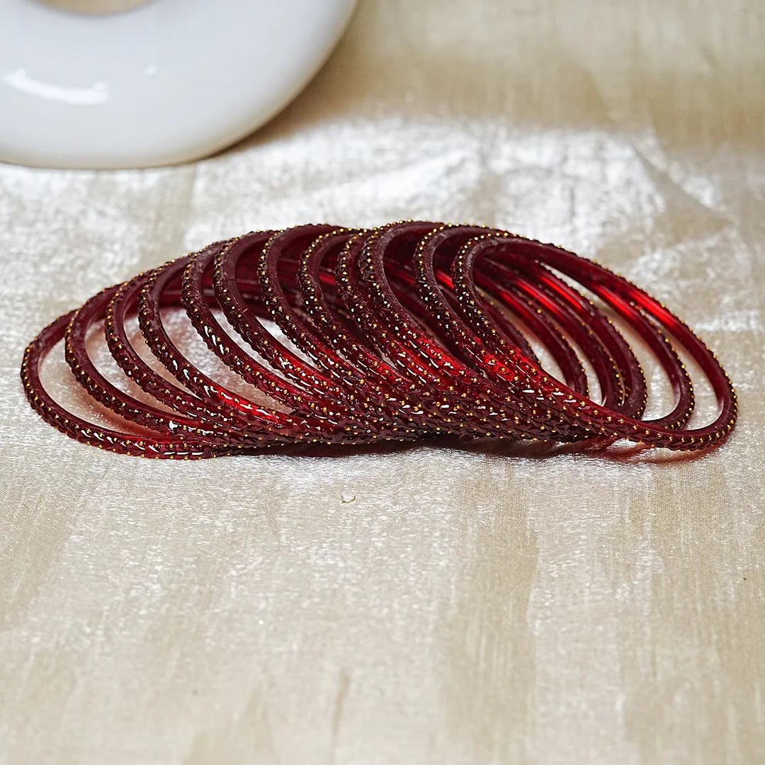 Traditional Gold Ball Studded Work Design Glass Bangles for Women (Pack of 12)