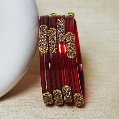 Glossy Finish Designer Glass Kada Bangles with Beads & Stone Work (Pack of 4)