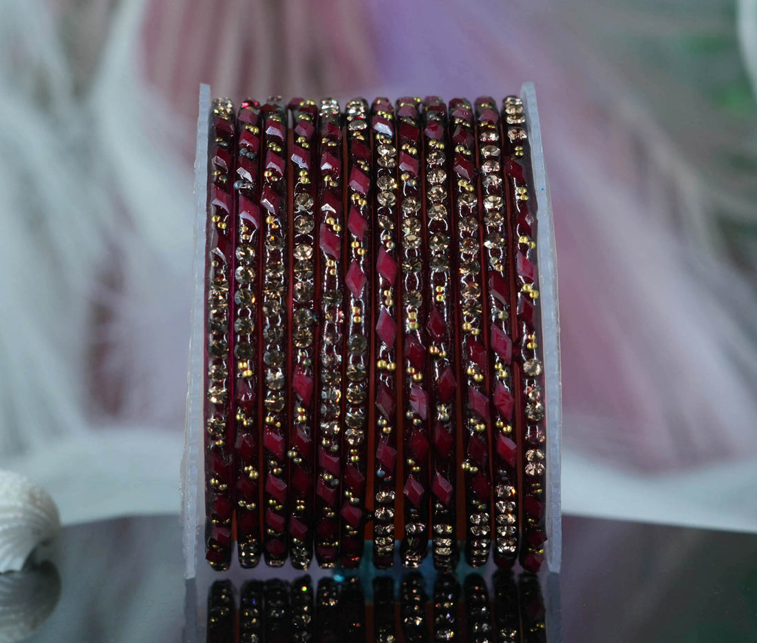 Glass Bangles with Gold Pearl Beads Studded for Women & Girls (Pack 12)