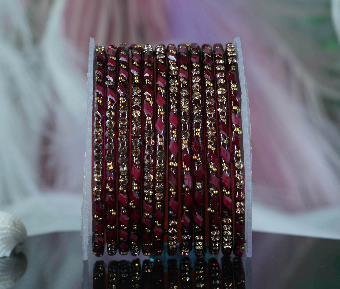 Glass Bangles with Gold Pearl Beads Studded for Women & Girls (Pack 12 Bangles)
