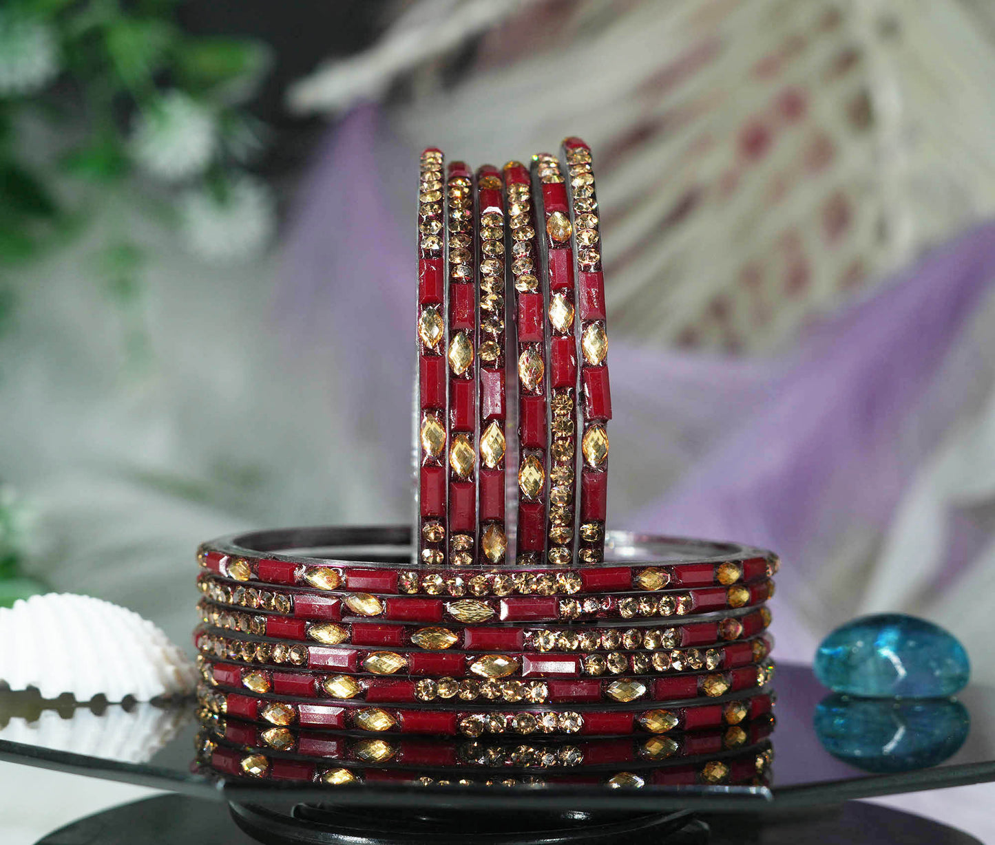 Multiple Color Glass Bangle with Stone Beads Work for Women & Girls (Pack 12 Bangles)