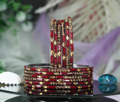 Multiple Color Glass Bangle with Stone Beads Work for Women & Girls (Pack 12 Bangles)