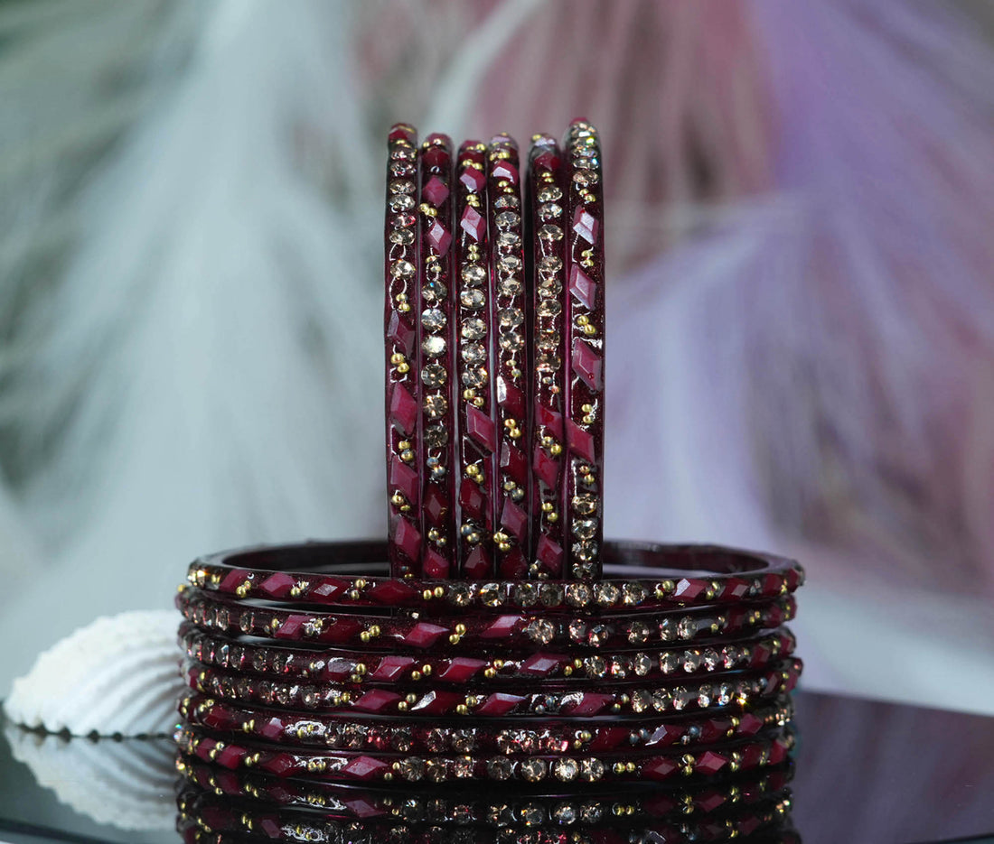 Glass Bangles with Gold Pearl Beads Studded for Women & Girls (Pack 12)
