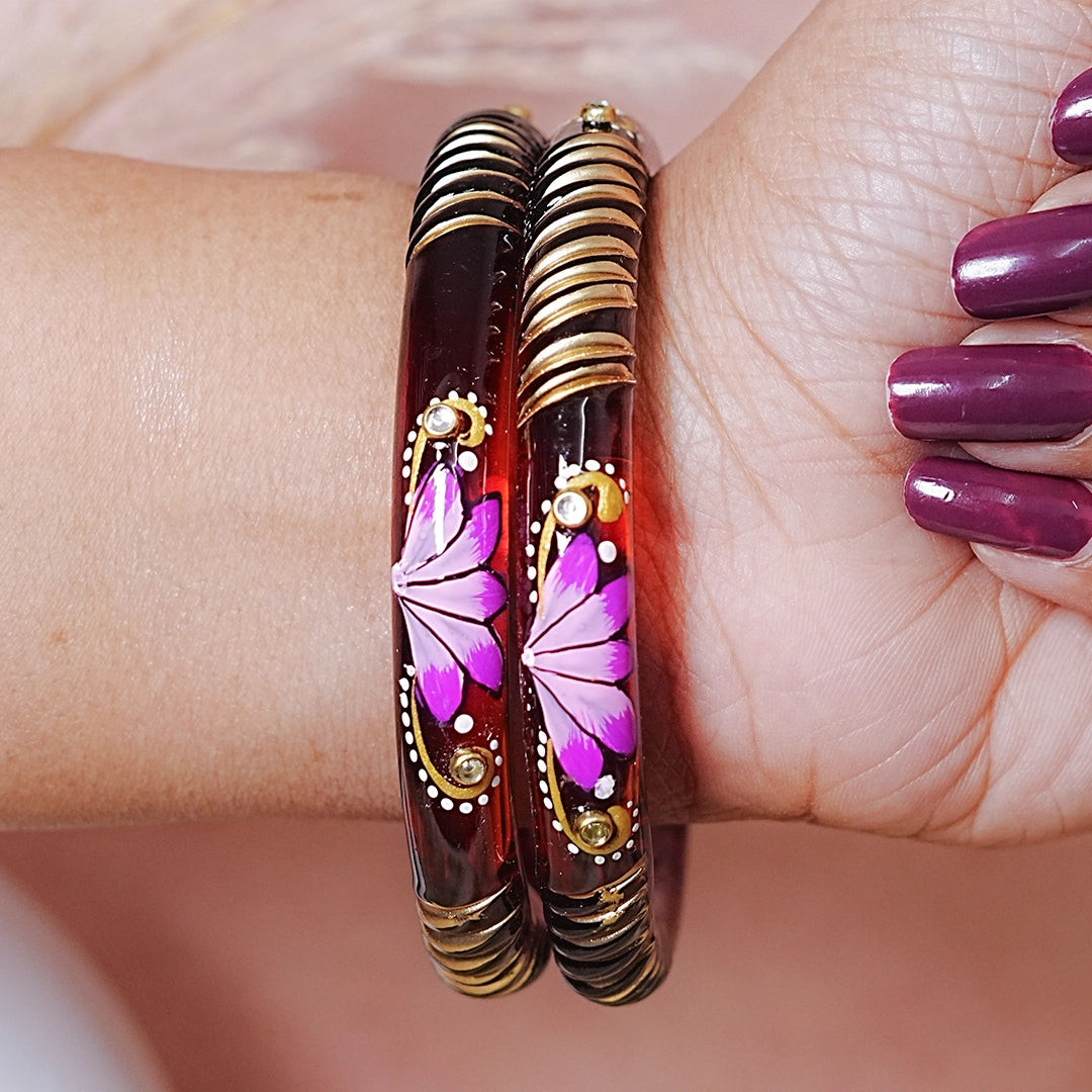 Handcrafted Lotus Printed Pattern Glass Kada for Women (Pack of 2)