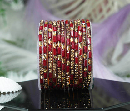 Multiple Color Glass Bangle with Stone Beads Work for Women & Girls (Pack 12 Bangles)