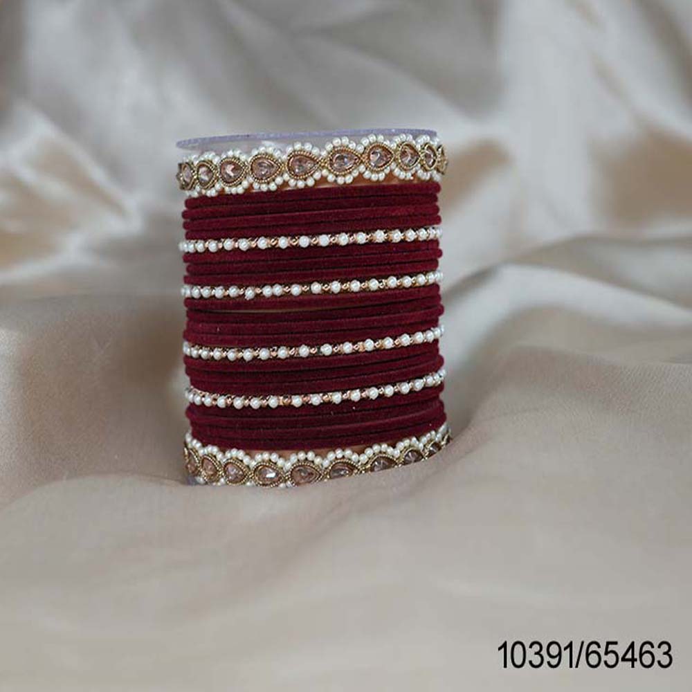 Maroon Velvet Metal Bangle Set for Women & Girls (Both Hand)