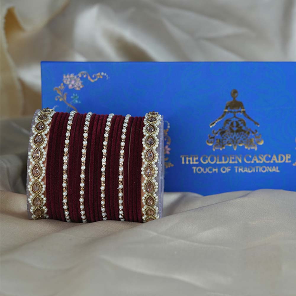 Maroon Velvet Metal Bangle Set for Women & Girls (Both Hand)