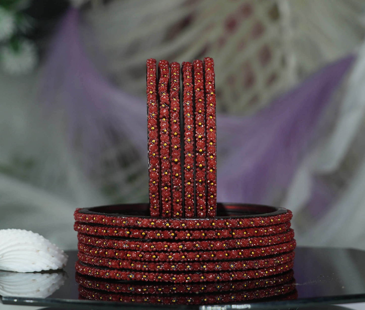 Glass Bangle with Golden Ball Studded for Women & Girls (Pack of 12 Bangles)