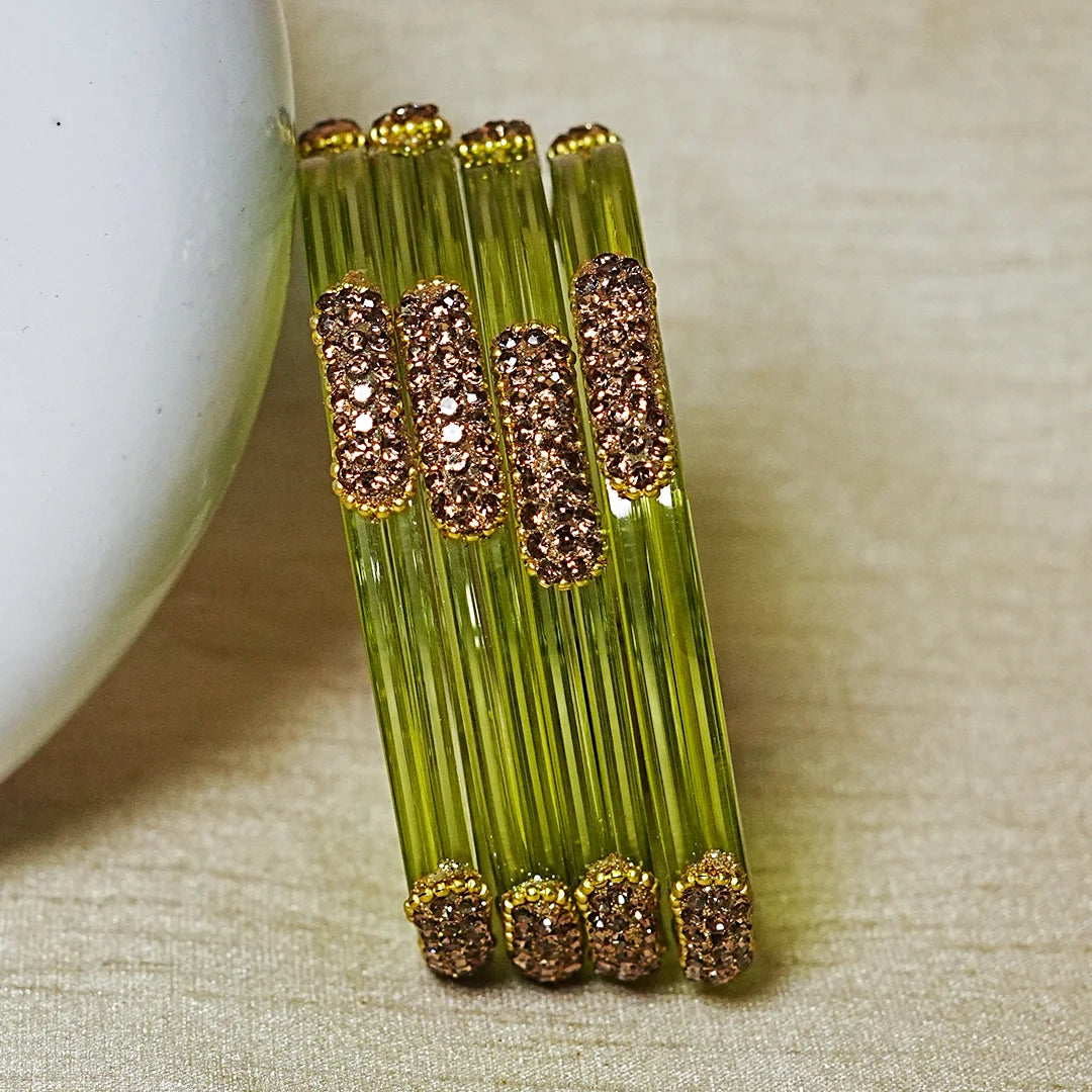 Glossy Finish Designer Glass Kada Bangles with Beads & Stone Work (Pack of 4)