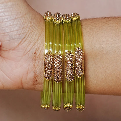 Glossy Finish Designer Glass Kada Bangles with Beads & Stone Work (Pack of 4)