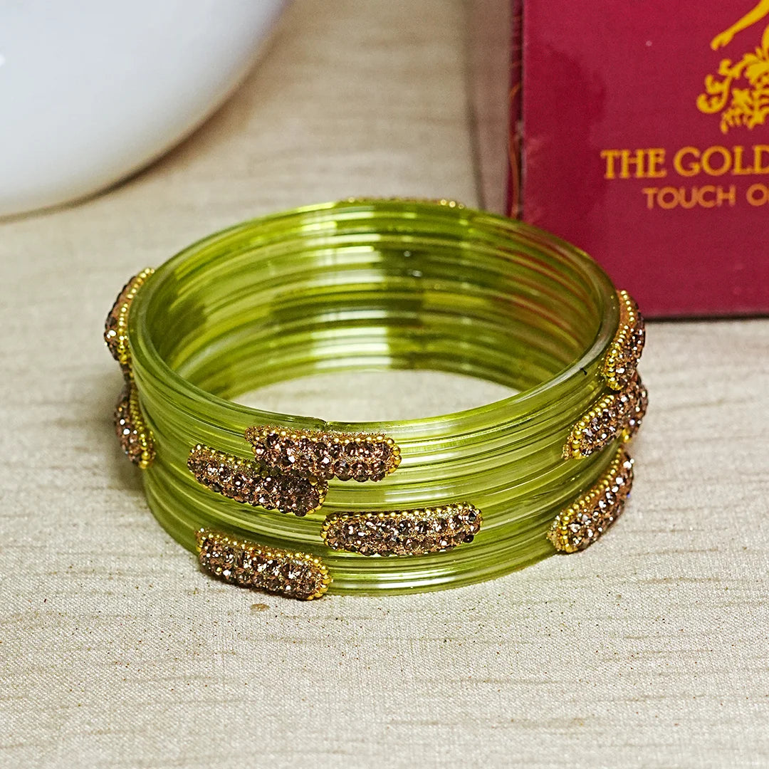 Glossy Finish Designer Glass Kada Bangles with Beads & Stone Work (Pack of 4)