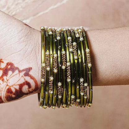 Premium Glass Bangles for Women | Zircon & Beads Work | Glossy Finish (Pack of 12)