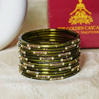 Premium Glass Bangles for Women | Zircon & Beads Work | Glossy Finish (Pack of 12)