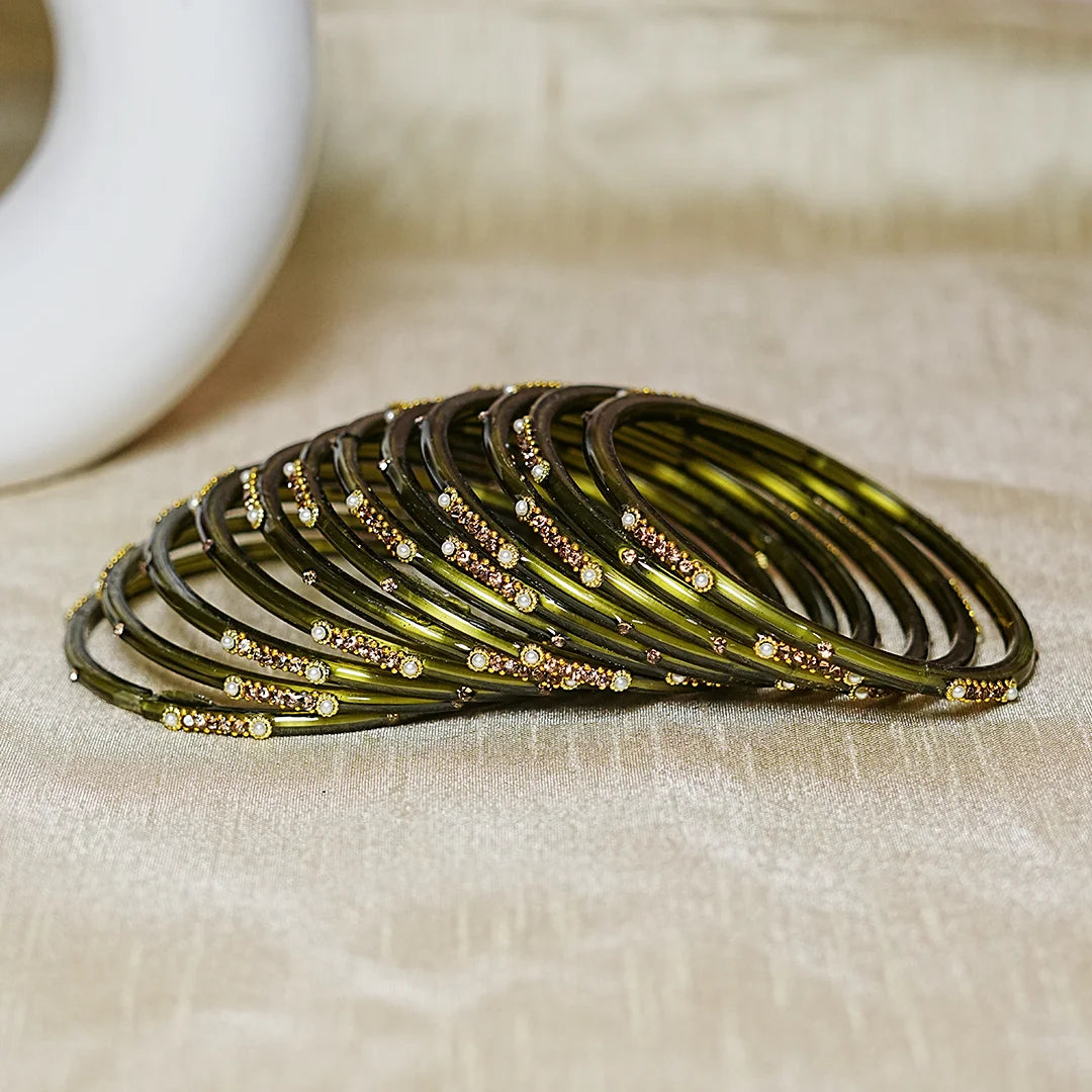 Premium Glass Bangles for Women | Zircon & Beads Work | Glossy Finish (Pack of 12)