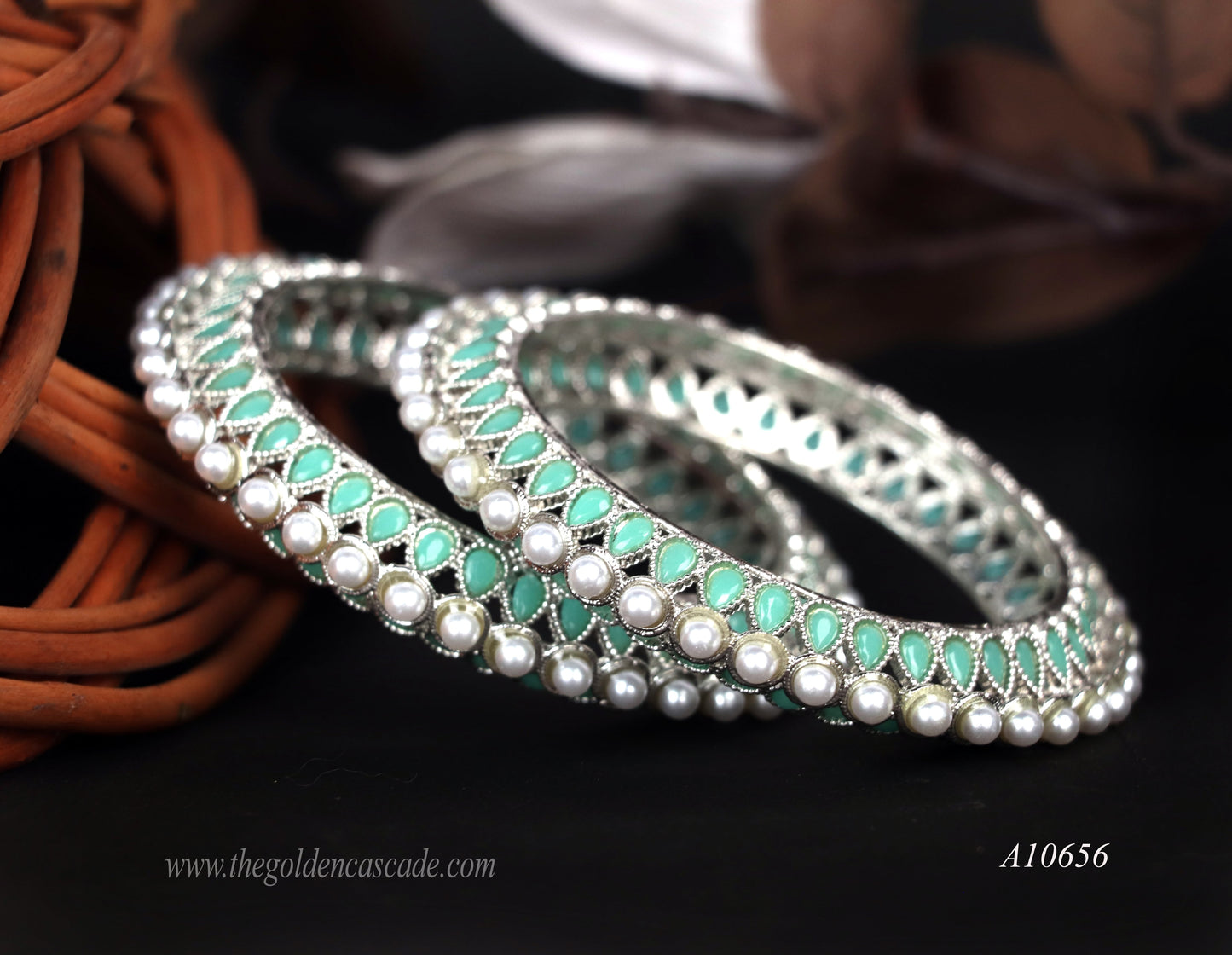 Elegant Pista Pearl Studded Metal Kada for Women (Pack of 2)