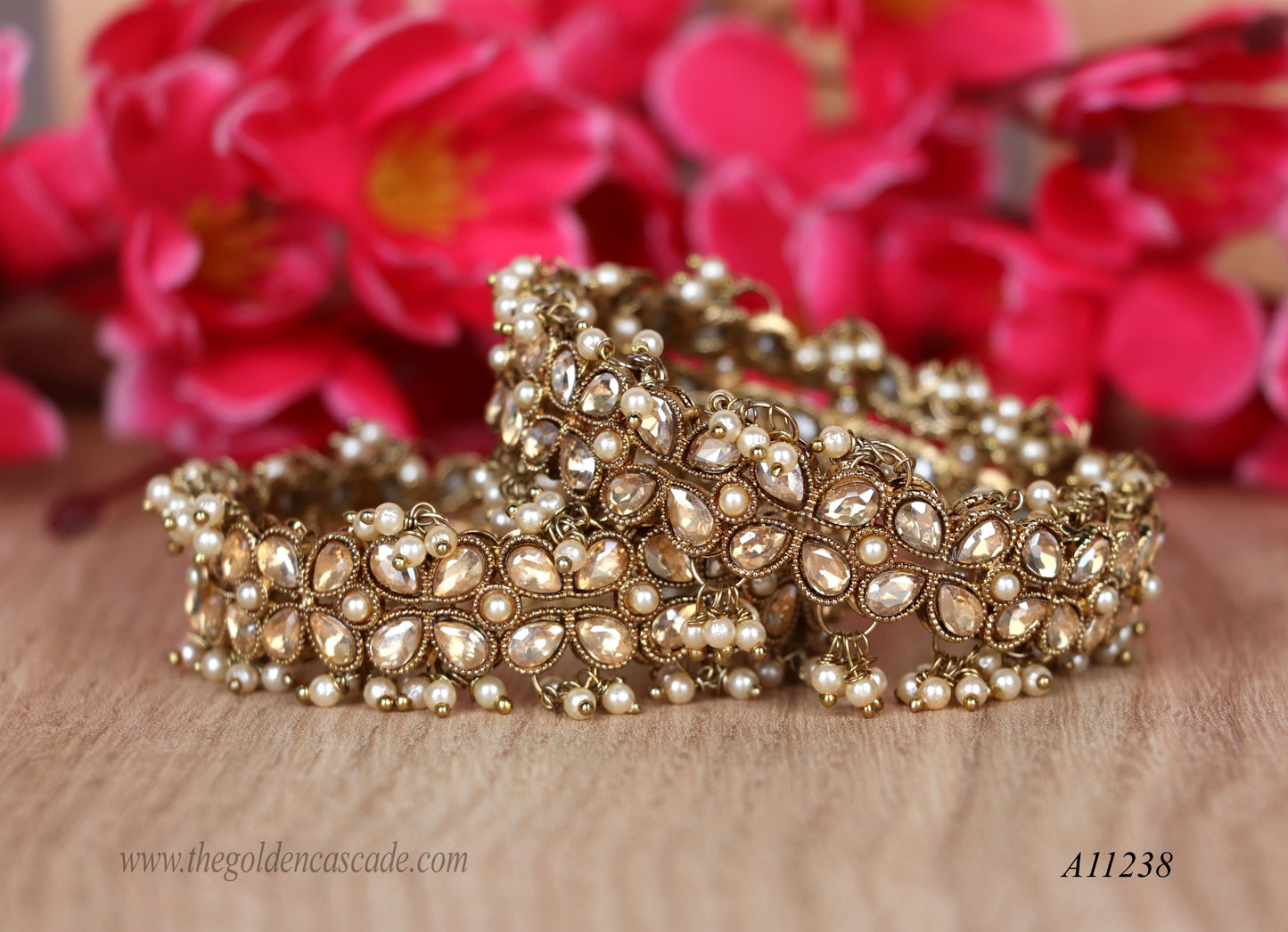 Premium Gold-Plated Metal Kada With Pearls - Stone Studded For Women (Pack of 2)