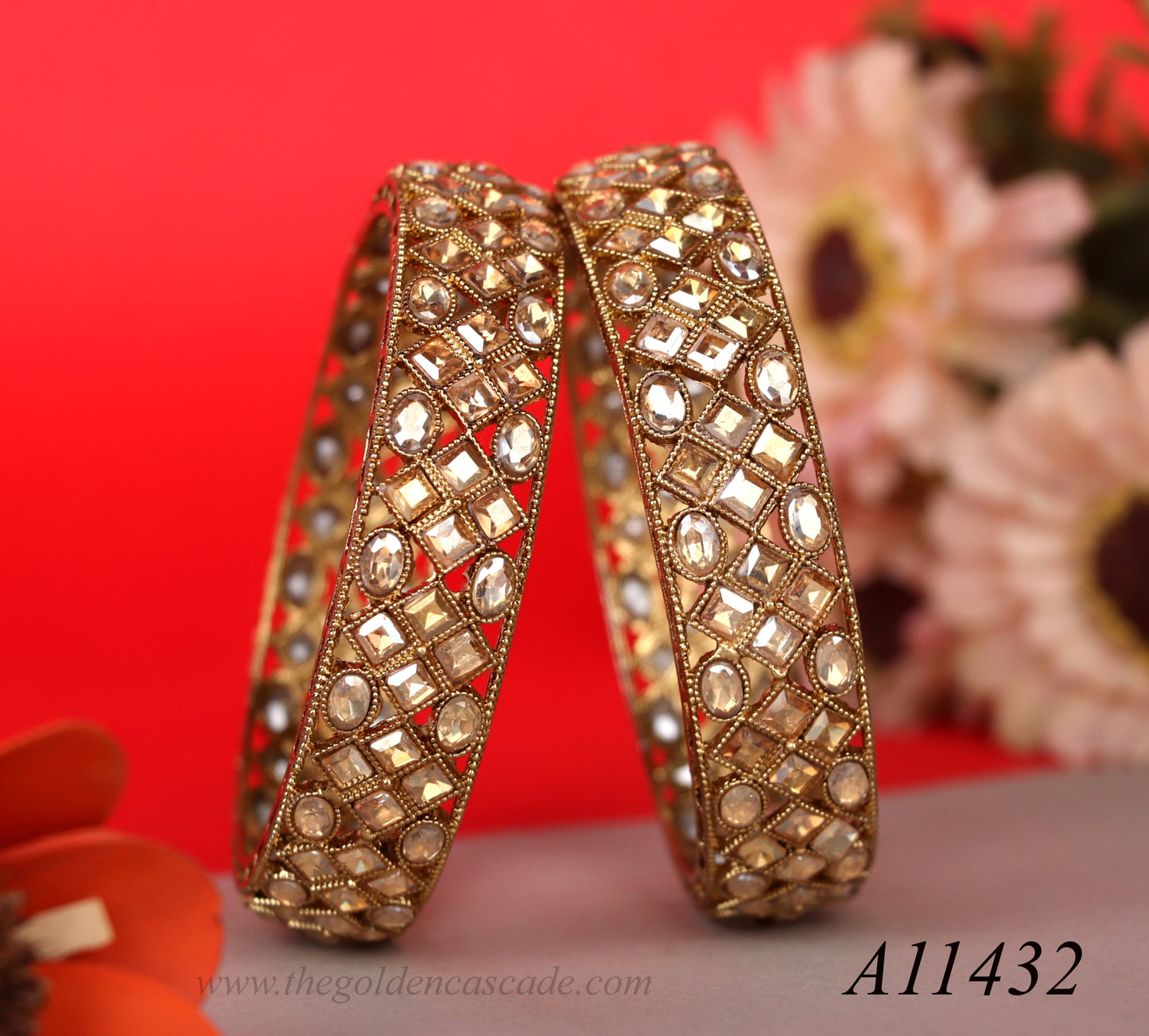 Elegant Gold Plated Ethnic Stone-Studded Kada for Women (Pack of 2)