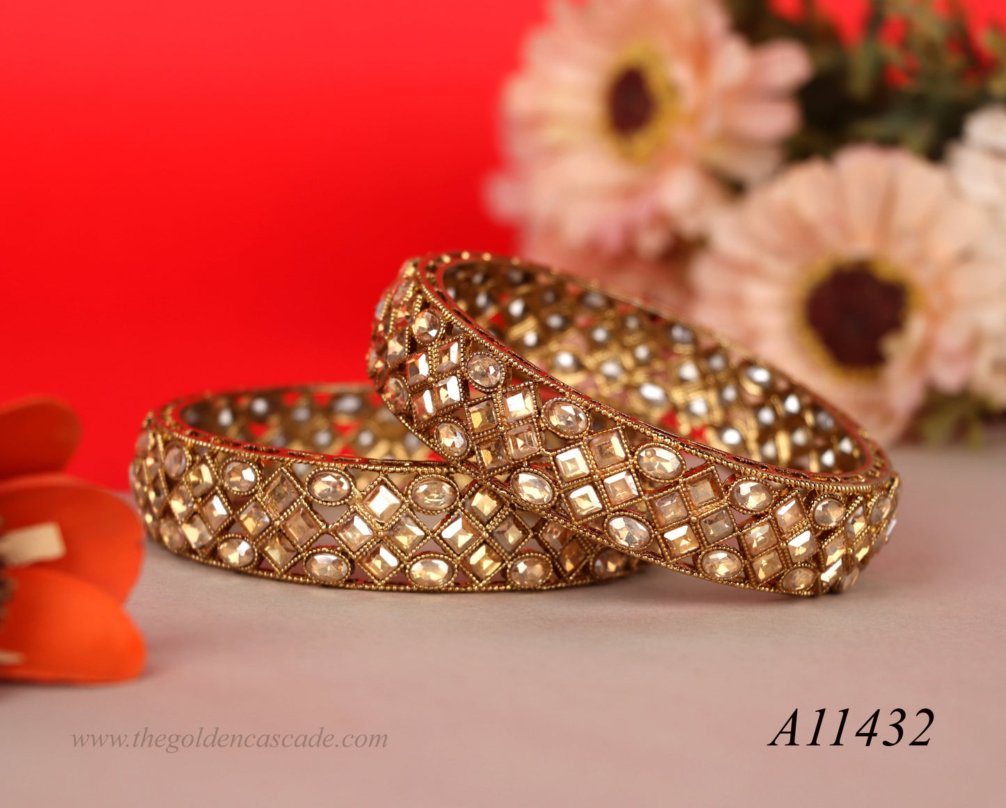 Elegant Gold Plated Ethnic Stone-Studded Kada for Women (Pack of 2)