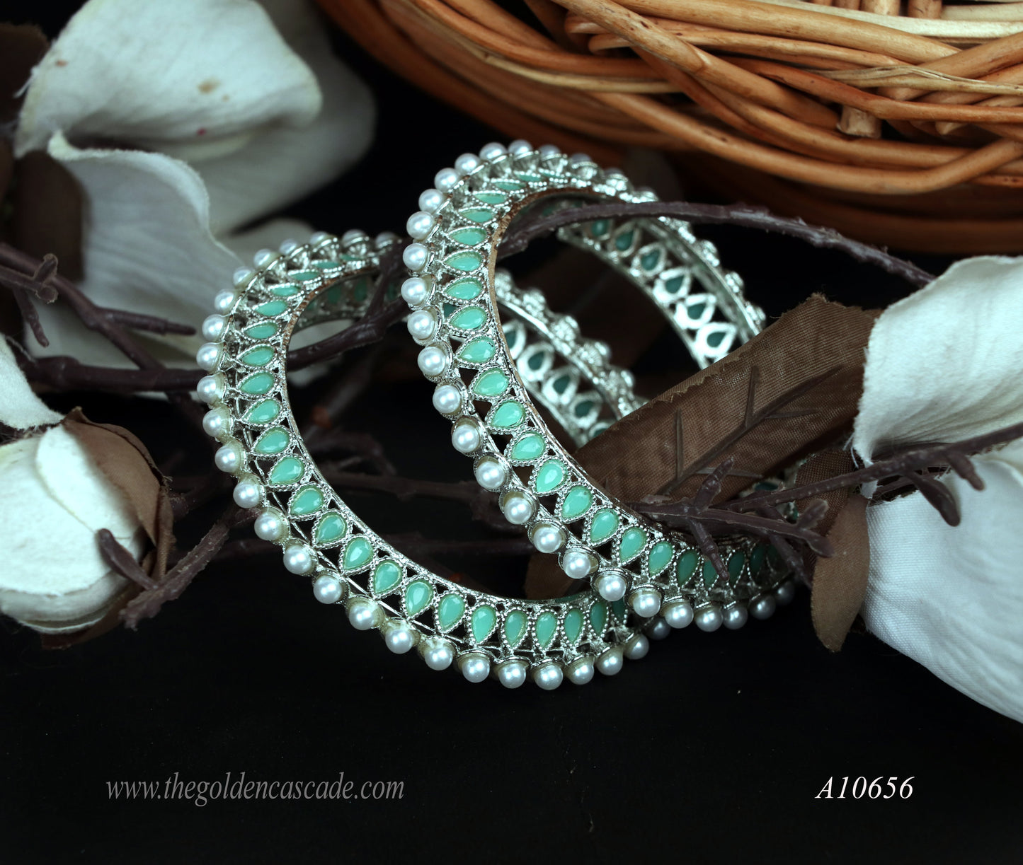 Elegant Pista Pearl Studded Metal Kada for Women (Pack of 2)