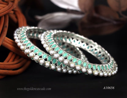 Elegant Pista Pearl Studded Metal Kada for Women (Pack of 2)