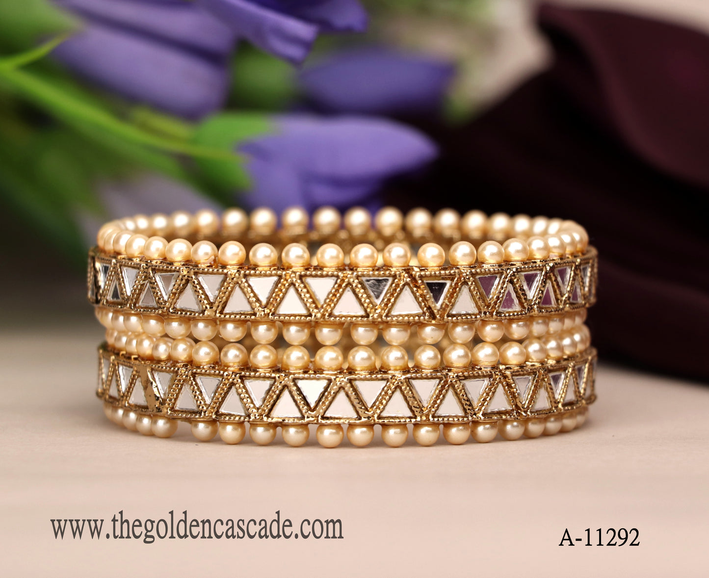 Luxury Mirror Work Metal Kada With Pearls Studded Metal Kada For Women (Pack of 2)