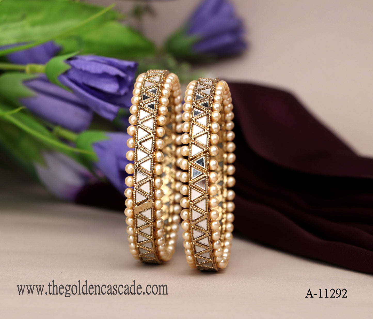 Luxury Mirror Work Metal Kada With Pearls Studded Metal Kada For Women (Pack of 2)