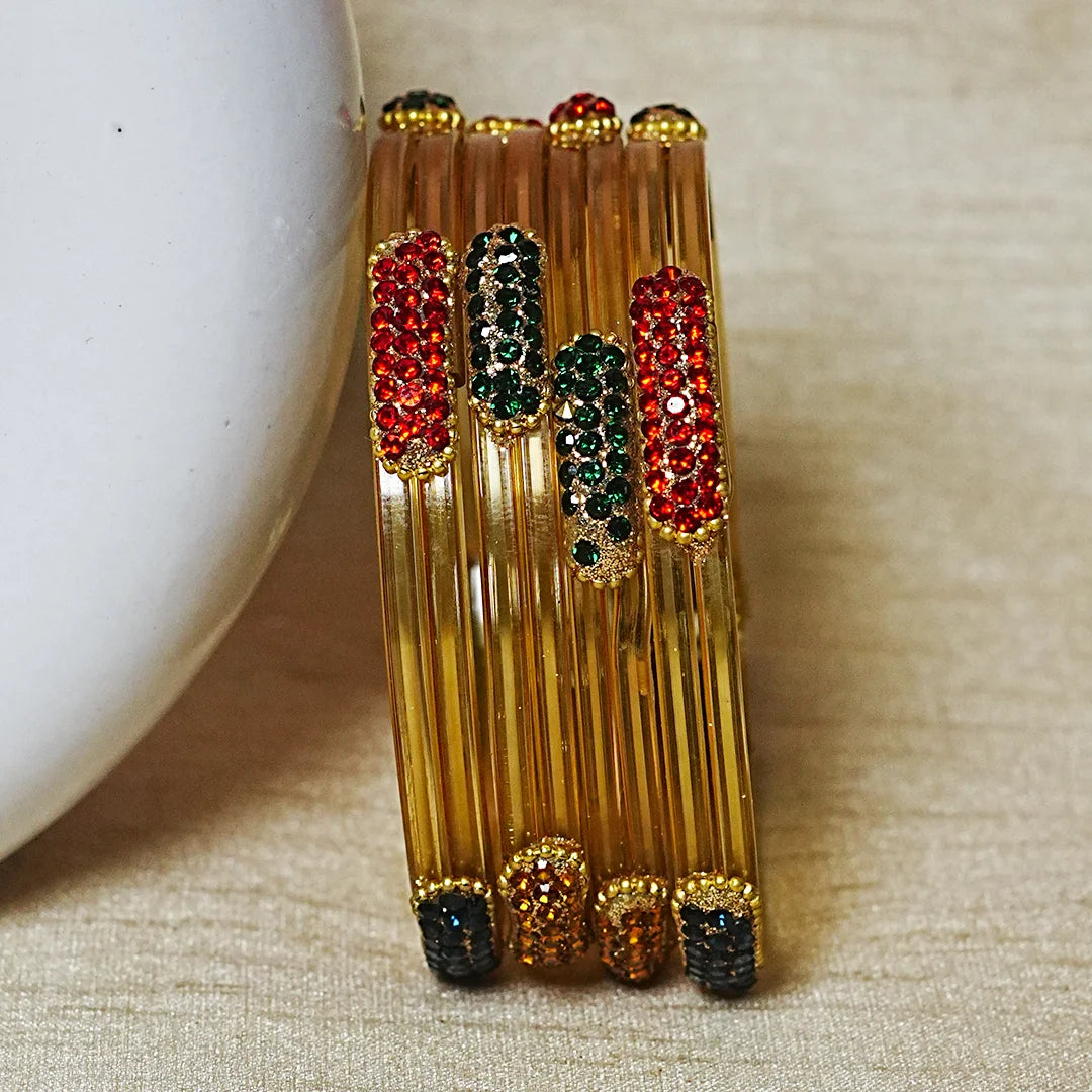 Glossy Finish Designer Glass Kada Bangles with Beads & Stone Work (Pack of 4)