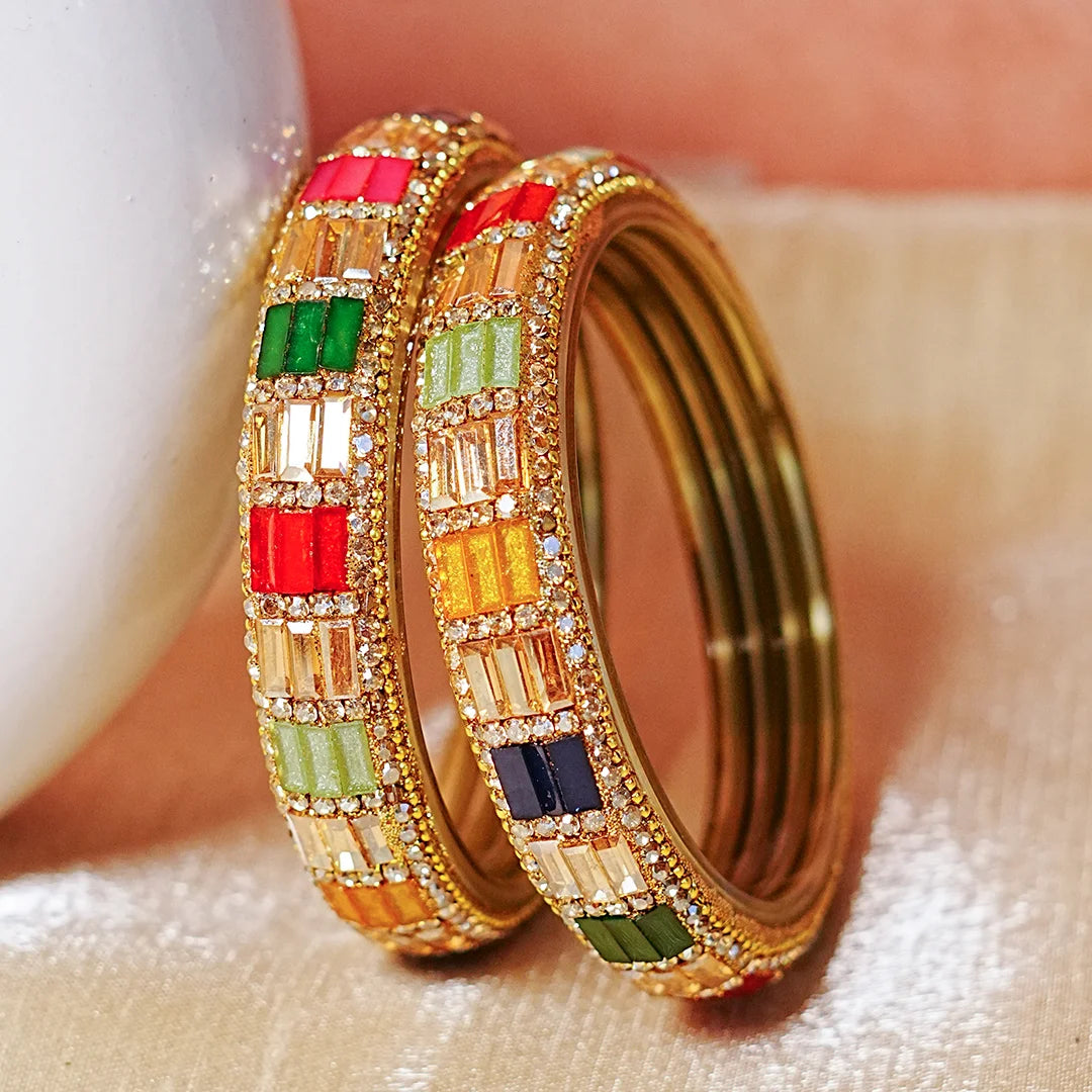 Designer Glass Kada Bangle with Stone & Beads Work for Women & Girls (Pack of 2)