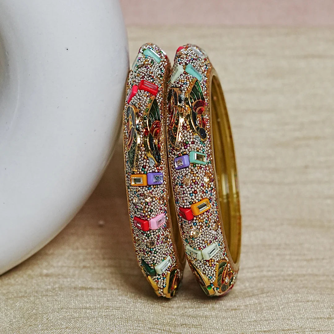 Peacock Design Stone Studded Glass Kada for Women (Pack of 2)
