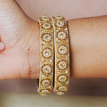 Gold Finish Glass Kada with Pearl & Stone Work For Women (Pack of 2)