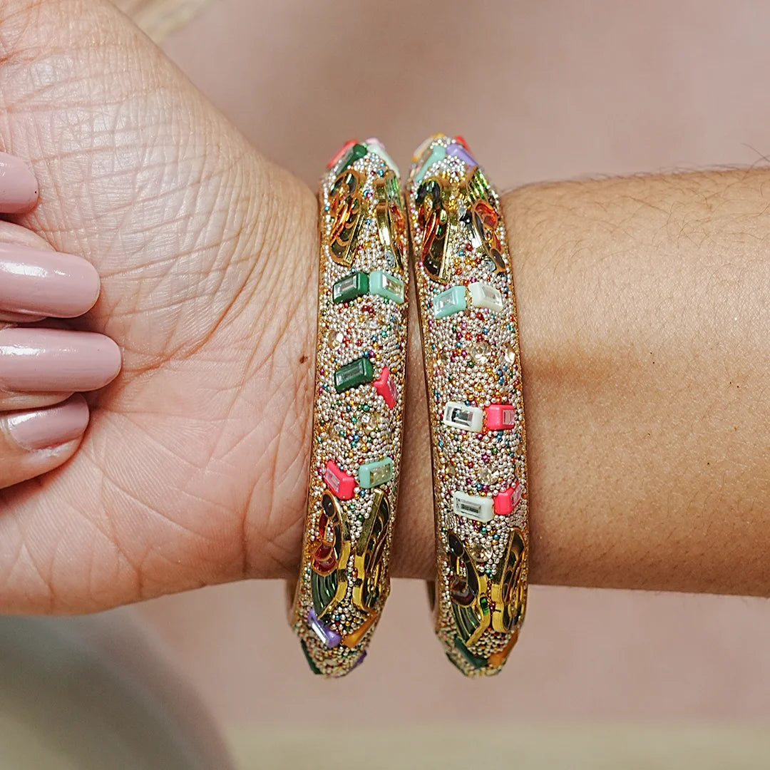 Peacock Design Stone Studded Glass Kada for Women (Pack of 2)