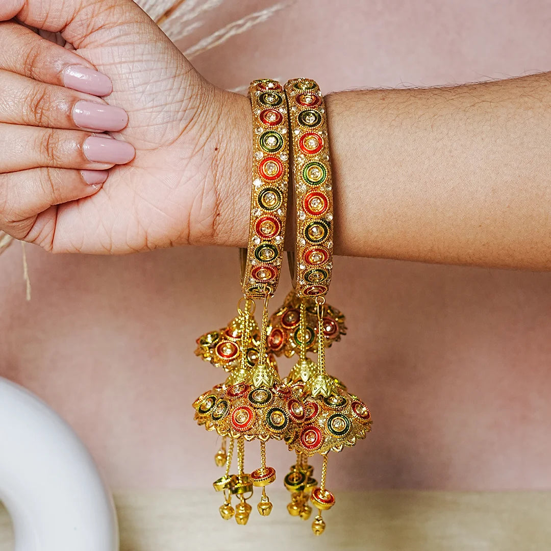 Ethnic Meenakari Work Glass Bangles With Latkan Jhumki For Women (Pack of 2)